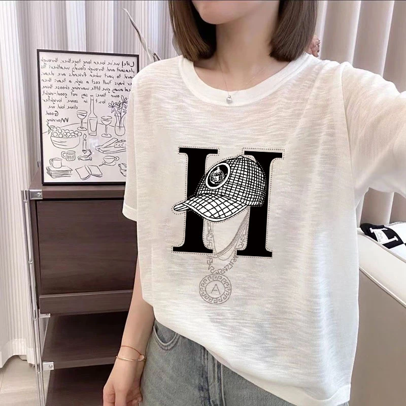 2025夏季新款显瘦印花小众T恤女圆领雪花棉简约薄款垂感半袖上衣