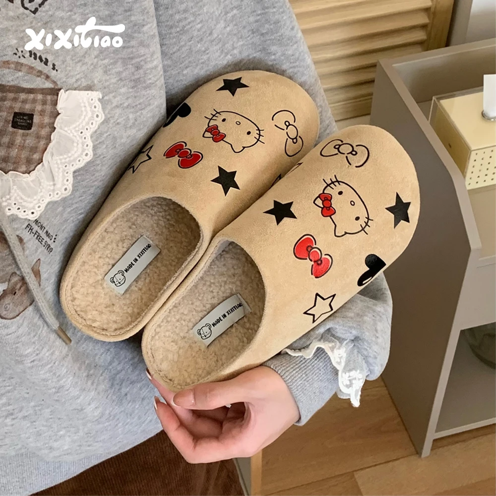 细细条 秋冬ins外穿防滑一脚蹬棉拖鞋HelloKitty勃肯鞋加绒保暖女