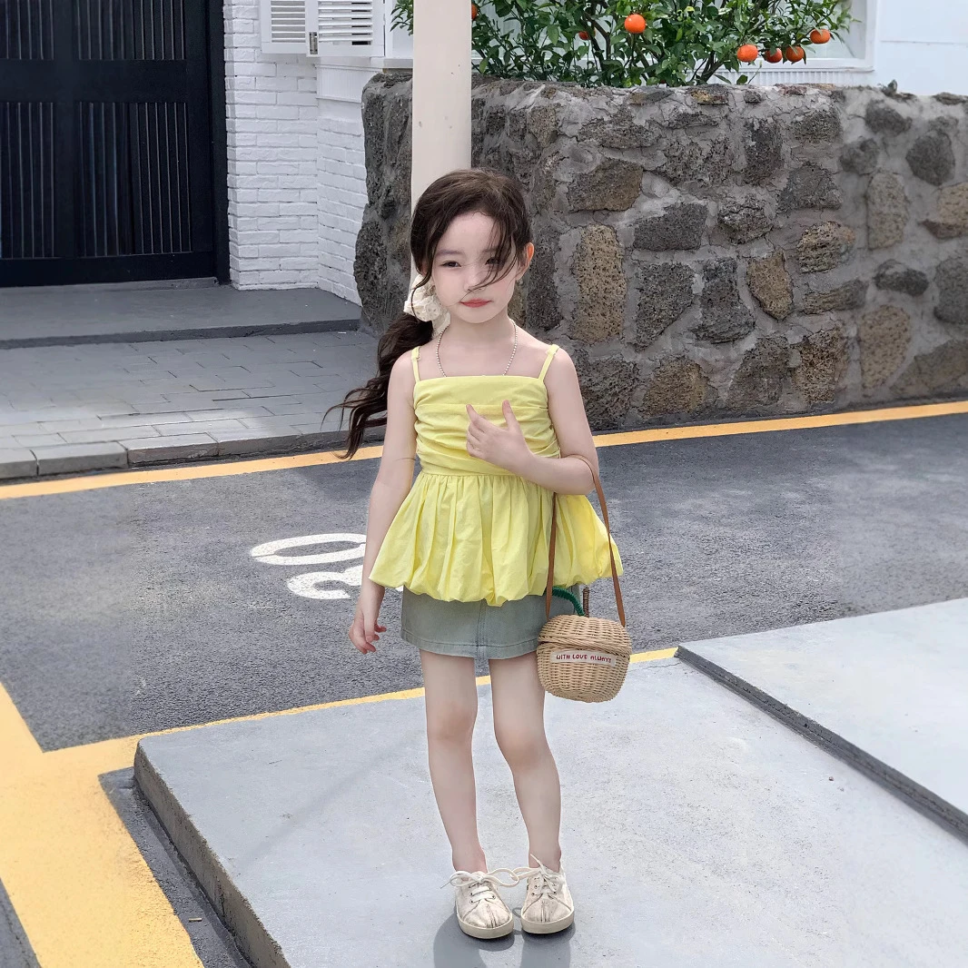小思家女童2025夏季新款甜美韩版洋气抹胸吊带时髦牛仔半身裙套装
