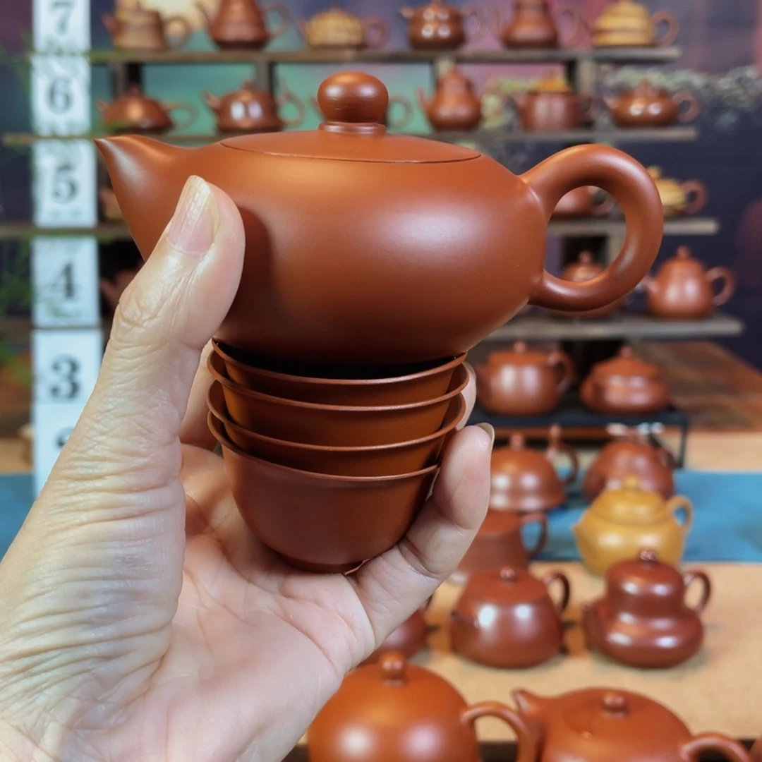 茶壶紫砂无*潮州手工手拉朱泥扁凤雏壶、、茶杯