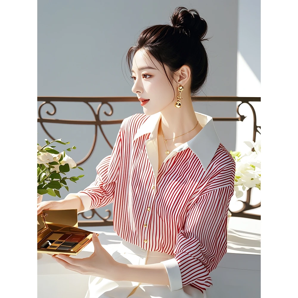红色条纹长袖衬衫女2024秋季新款衬衣洋气高端别致polo领职业上衣