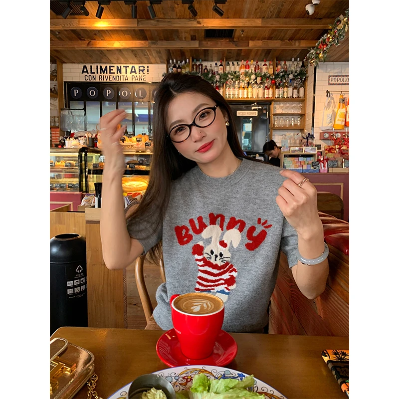 落落狷介 灰色毛衣女2025年早春新款设计感小个子套头毛线衣短袖