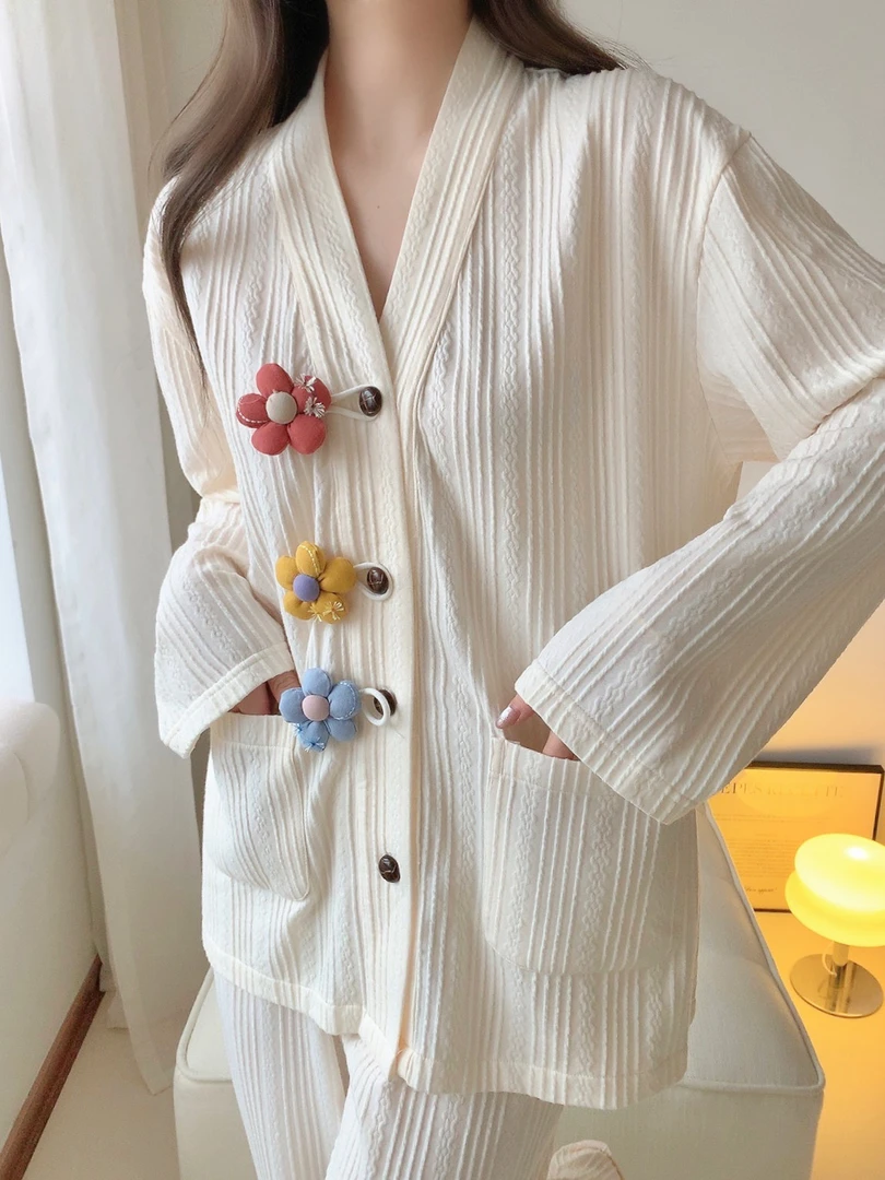 春秋新款长袖长裤睡衣女提花棉时尚中国风宽松可爱休闲家居服套装