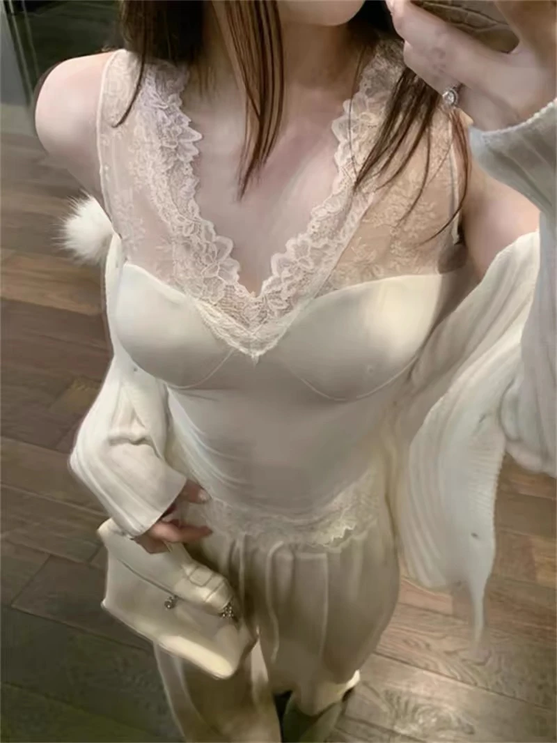 纯欲独特绝美白色蕾丝拼接吊带背心带胸垫女内搭叠穿无袖背心上衣