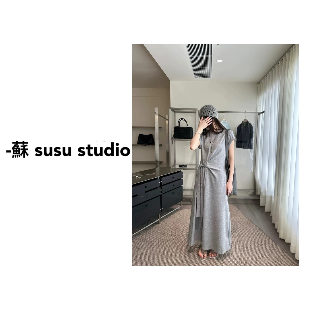 SU 圆领连肩袖设计师百搭拼接透气宽松夏季连衣裙休闲 H0171