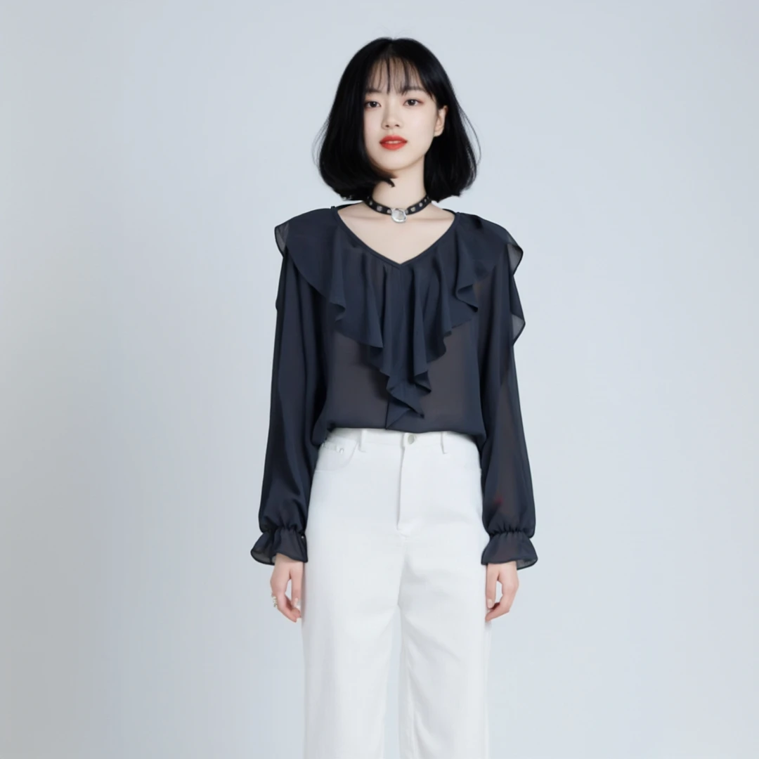 【预售】宽松大码轻薄款女装V领套头常规款黑色长袖