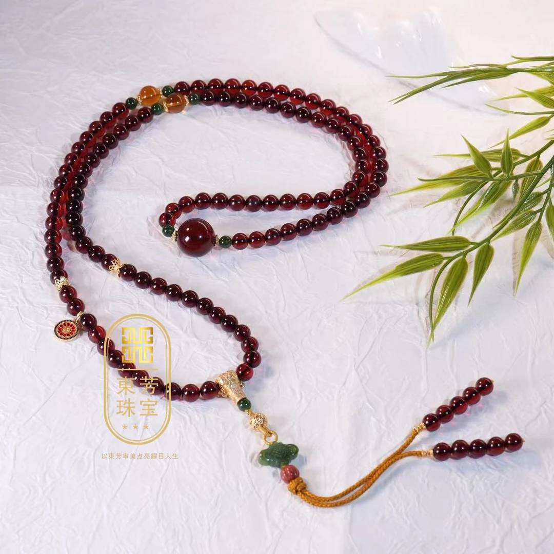 東芳珠宝-8mm缅甸天然琥珀血珀项链108佛珠DIY琥珀项链手串