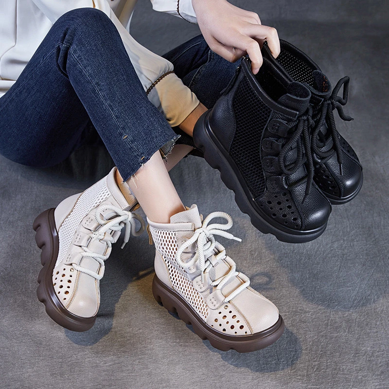 头层牛皮新款软底厚底马丁女纯色潮款机车靴圆头简约百搭牛皮女靴