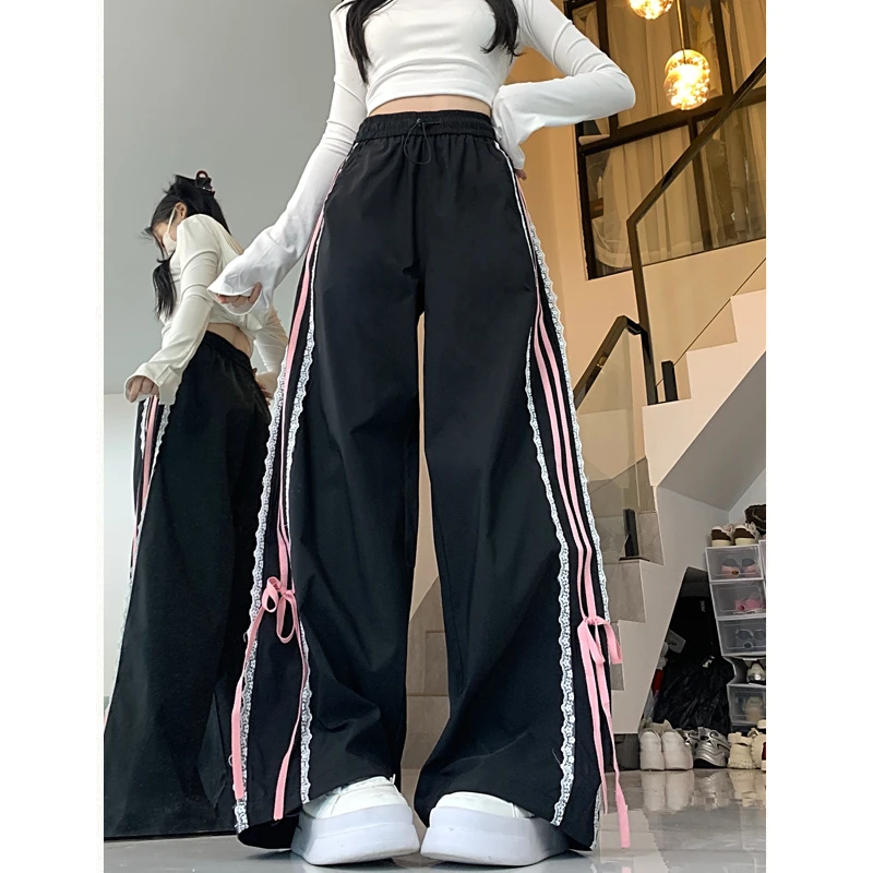 速干美式运动裤女夏甜酷蕾丝边高街hiphop街舞宽松阔腿拖地休闲裤