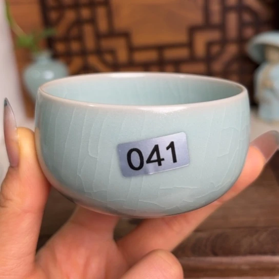 杯仿古釉柳叶纹开片卧足禅定杯一级