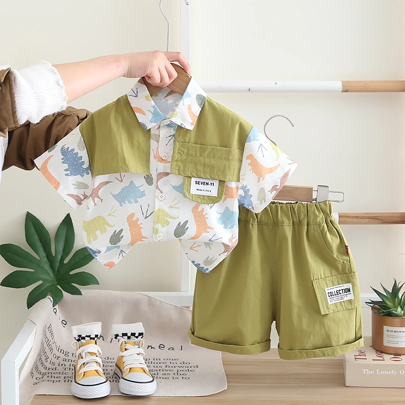 男宝宝夏装套装洋气男童夏季薄款短袖衬衫两件套夏天小童婴儿童装