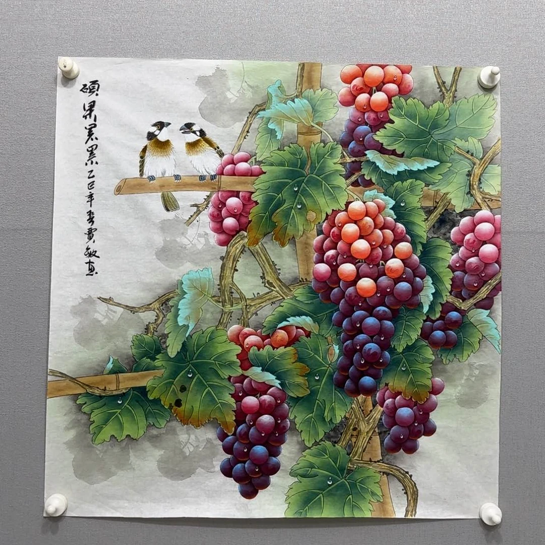 国画工笔葡萄斗方贾敏