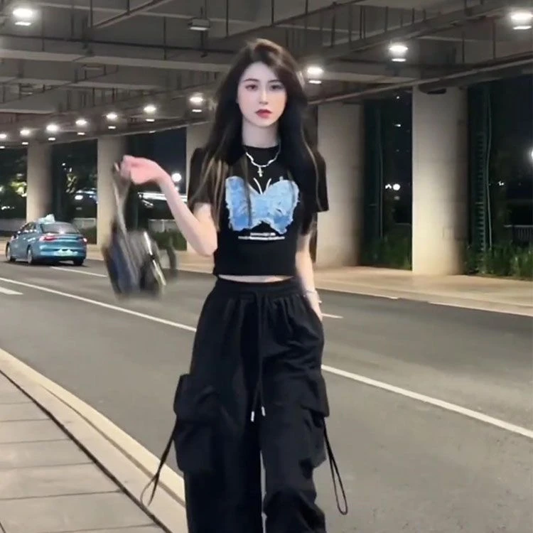 甜酷风炸街套装一整套新款嘻哈街头宽松短款T恤收口工装裤两件套