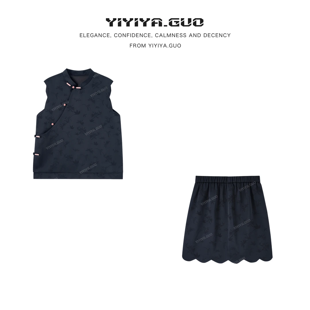 yiyiya.Guo艺艺吖【墨白】提花斜襟光泽感冰凉马甲裙2629SS52