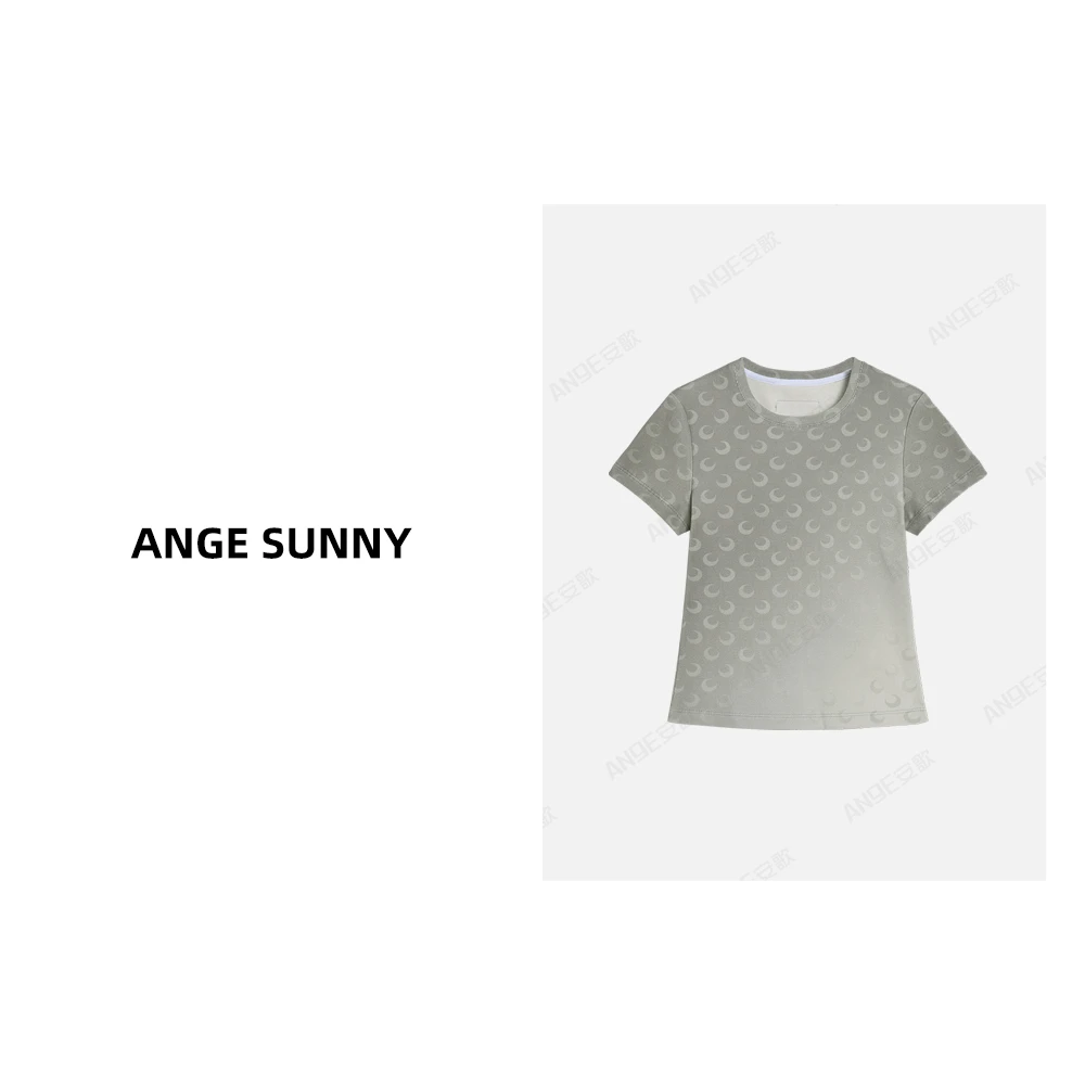 ANGE SUNNY【小月亮渐变T恤 灰色】圆领短袖印花T恤时尚百搭潮流