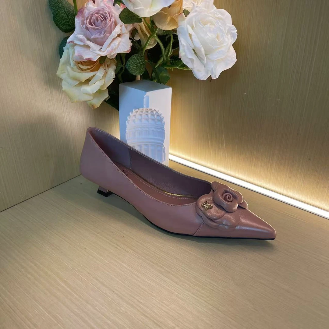 1036【鱼子酱】粉色气质新款尖头真皮低跟浅口纯手工单鞋C【2cm】