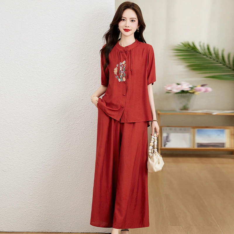 新中式绣花棉麻两件套女2025夏季新款妈妈洋气减龄休闲阔腿裤套装