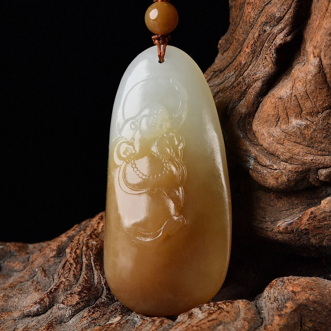 天然和田玉糖色弥勒佛吊坠红糖白肉大肚佛公玉坠项链女士笑佛项链