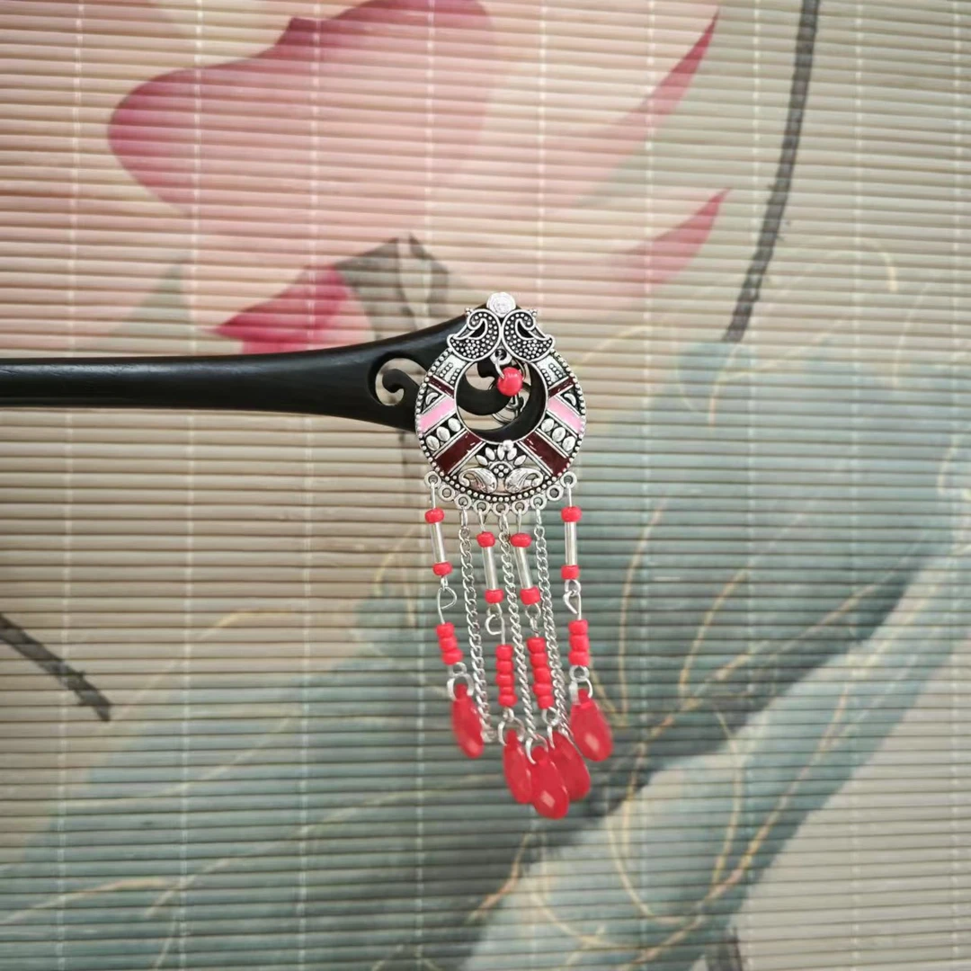 J367红色问道流苏吊坠气质百搭发簪