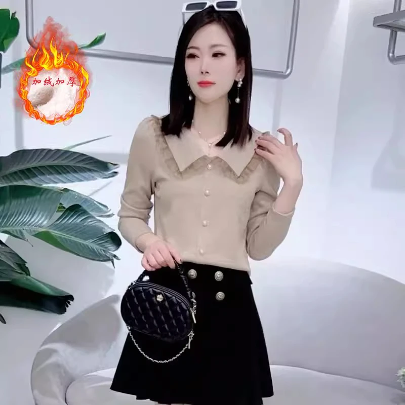 2025春秋长袖打底衫女气质百搭遮肚子显瘦T恤蕾丝拼接翻领上衣潮