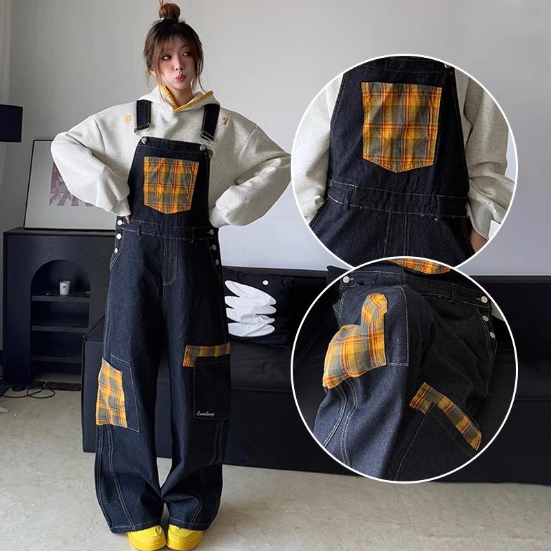 大码女装美式复古格子拼接牛仔背带裤女胖mm宽松显瘦百搭直筒长裤