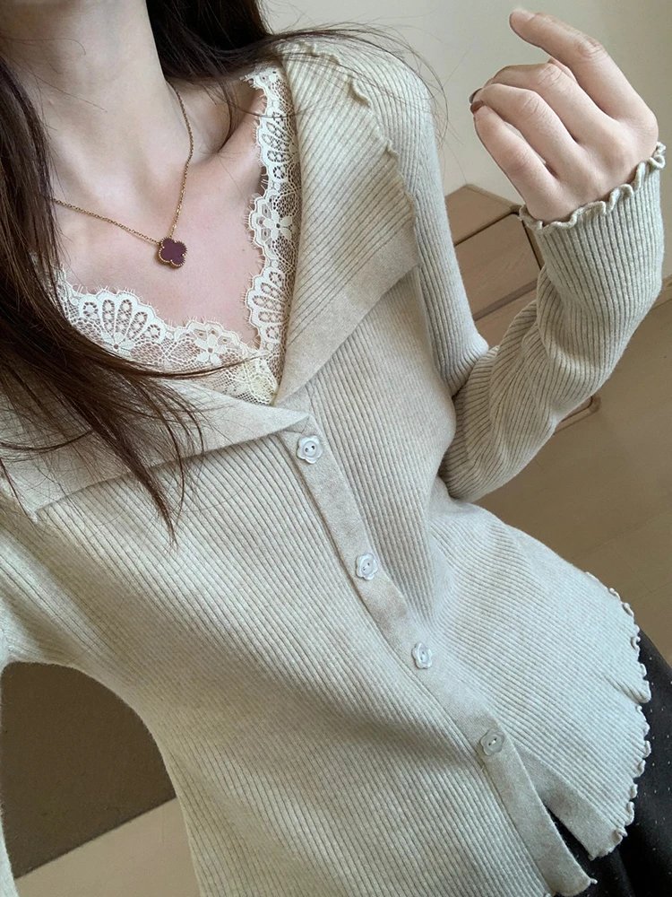 韩系假两件蕾丝拼接针织打底衫女秋冬内搭修身燕麦色毛衣A10201