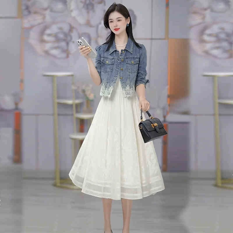 高档牛仔棉气质甜美超仙礼服裙套装2025春季新款遮肉两件套连衣裙