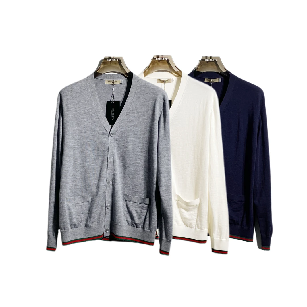 【奢潮定制】 0100 秋季男士V领撞色拼接轻奢长袖超细羊毛开衫毛衣