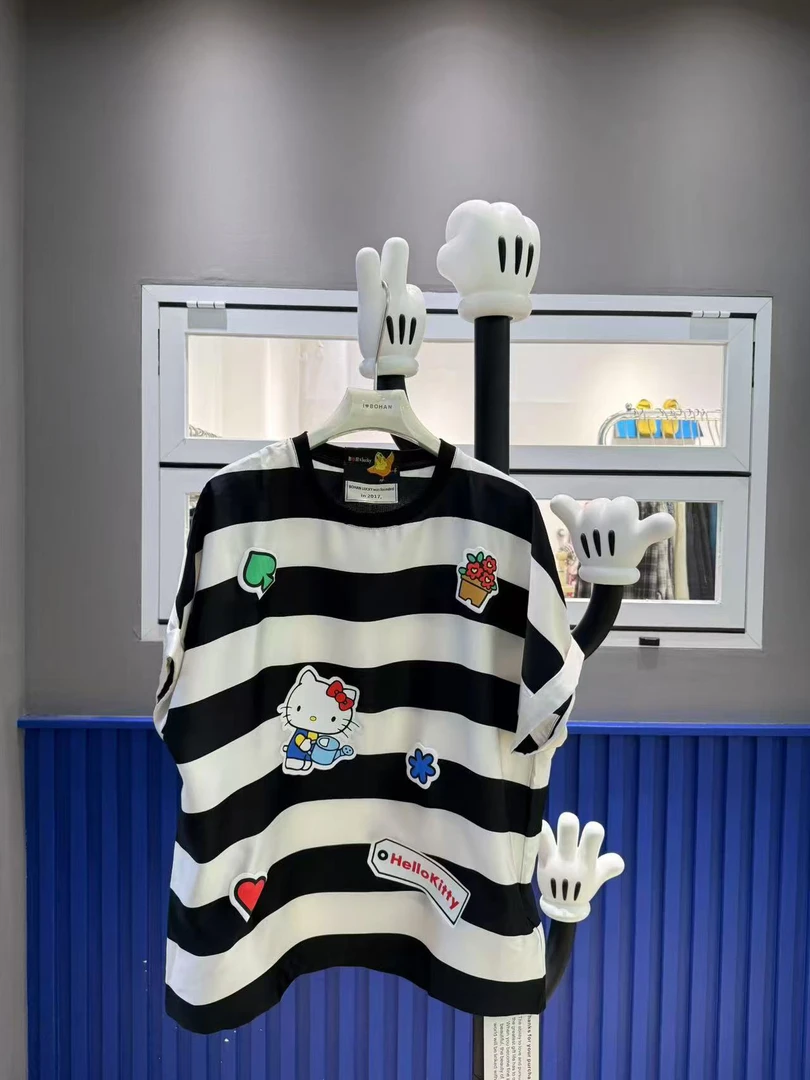 欧洲站BOHAN秀秀2025夏新品猫咪花花图宽条纹大T恤潮牌上衣欧货女