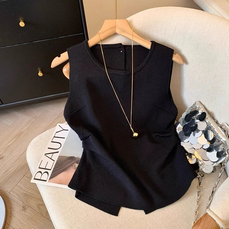 设计感褶皱掐腰针织背心女2025夏季薄款气质马甲百搭叠穿无袖上衣