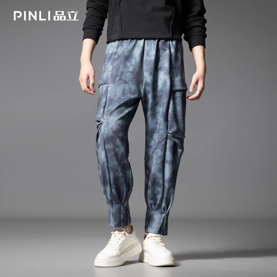 PINLI品立2025秋季新款潮牌扎染迷彩束脚工装裤男士宽松休闲长裤