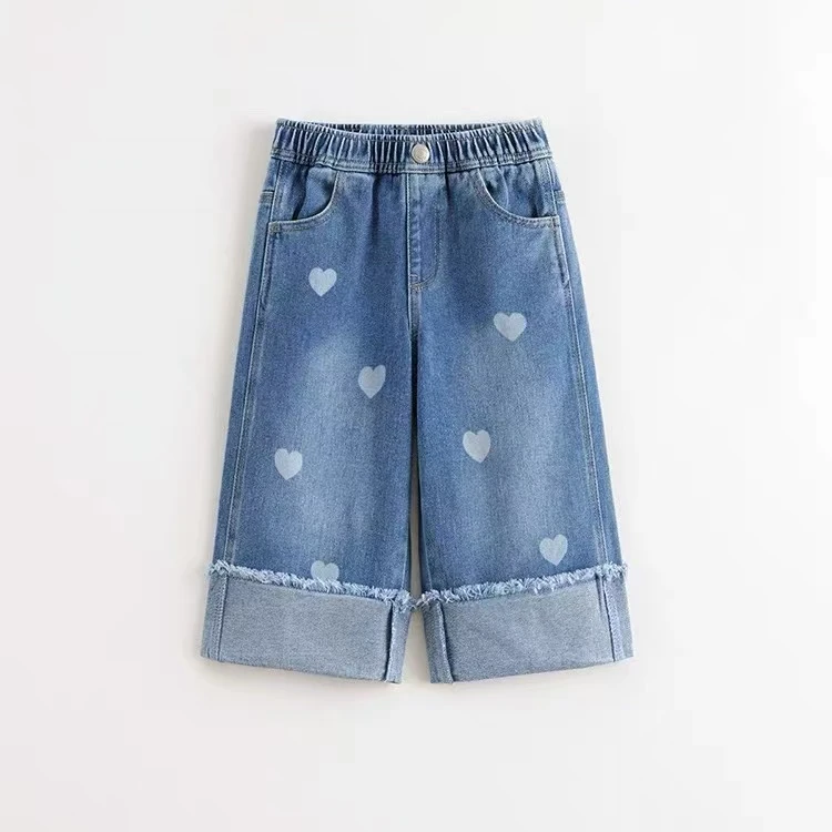 马克珍妮女童时尚卷边爱心牛仔裤 宝宝裤子直筒裤秋装新款551527