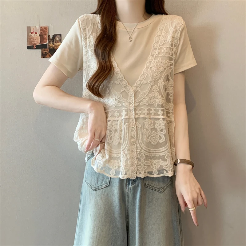 大码洋气设计感时尚上衣女夏胖mm显瘦遮肉蕾丝马甲背心两件套T恤
