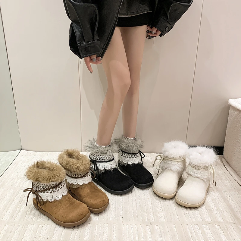 费尔岛毛毛雪地靴女款2025新款冬季加绒加厚棉鞋时尚百搭厚底短靴