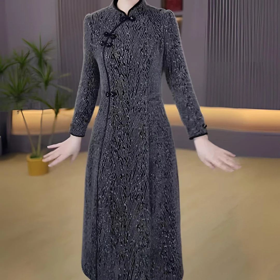 【衣雅严选】8180-1168#新款加厚保暖修身盘扣时尚百搭旗袍连衣裙