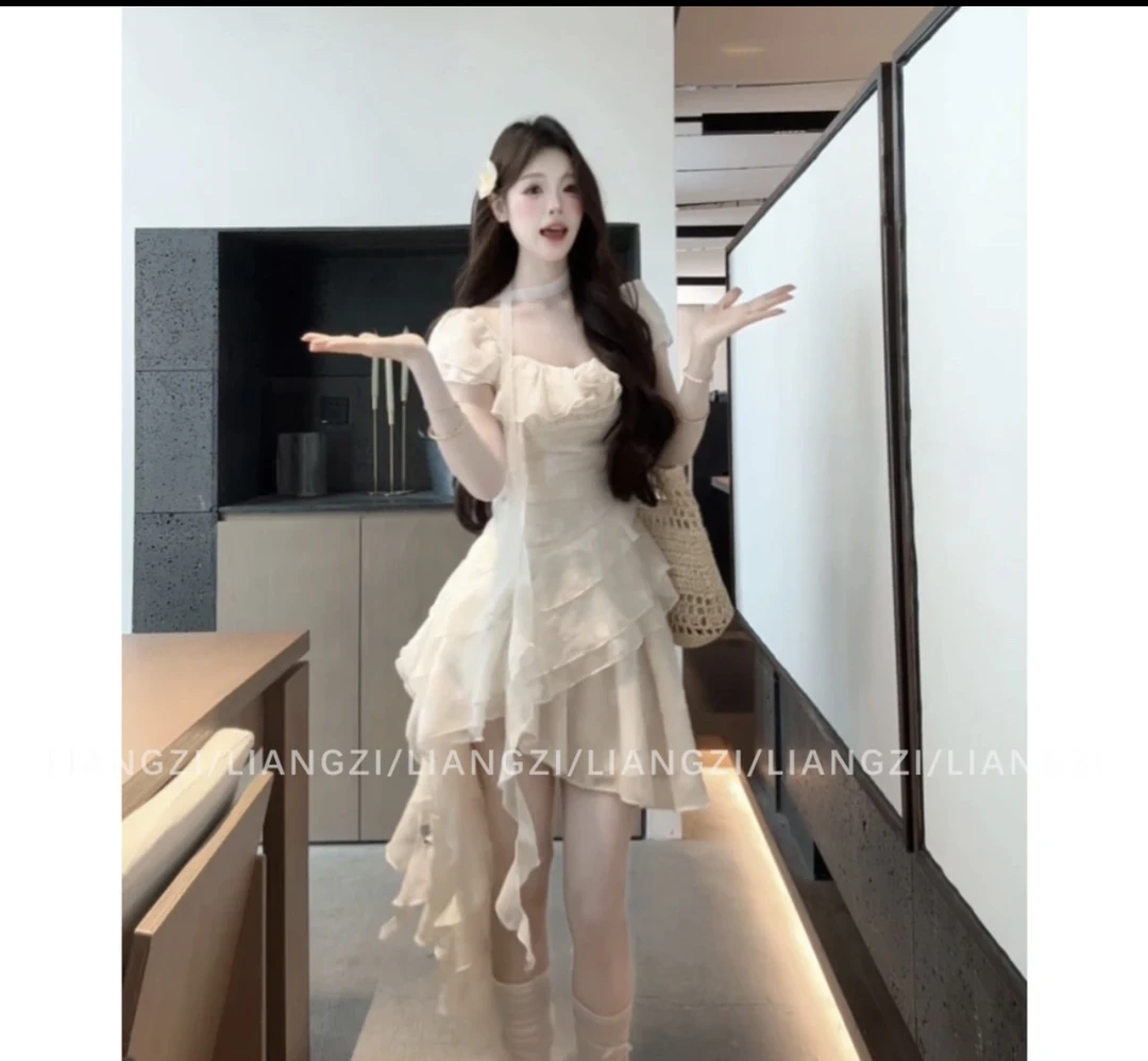 法式荷叶边不规则碎花连衣裙高腰裙裤两件套女2025夏日漂亮小套装