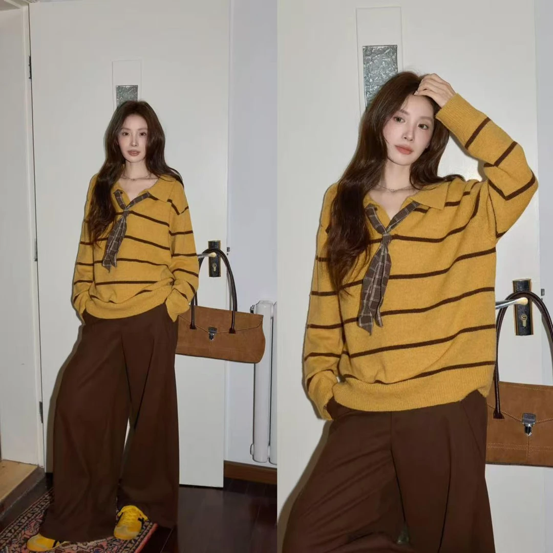 韩系黄色polo领套头毛衣女2025初冬慵懒宽松长袖上衣