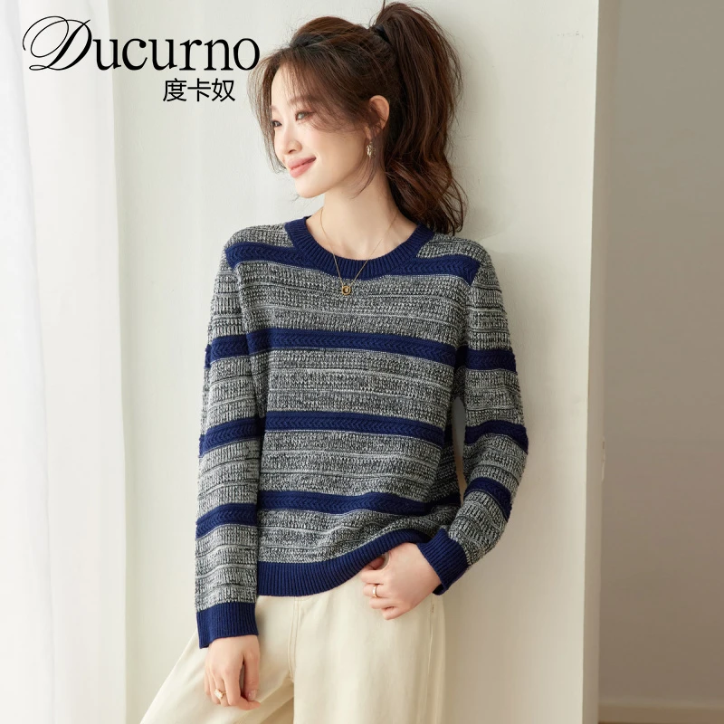 休闲慵懒风圆领长袖条纹针织衫t恤女秋冬2025新款宽松内搭打底衫