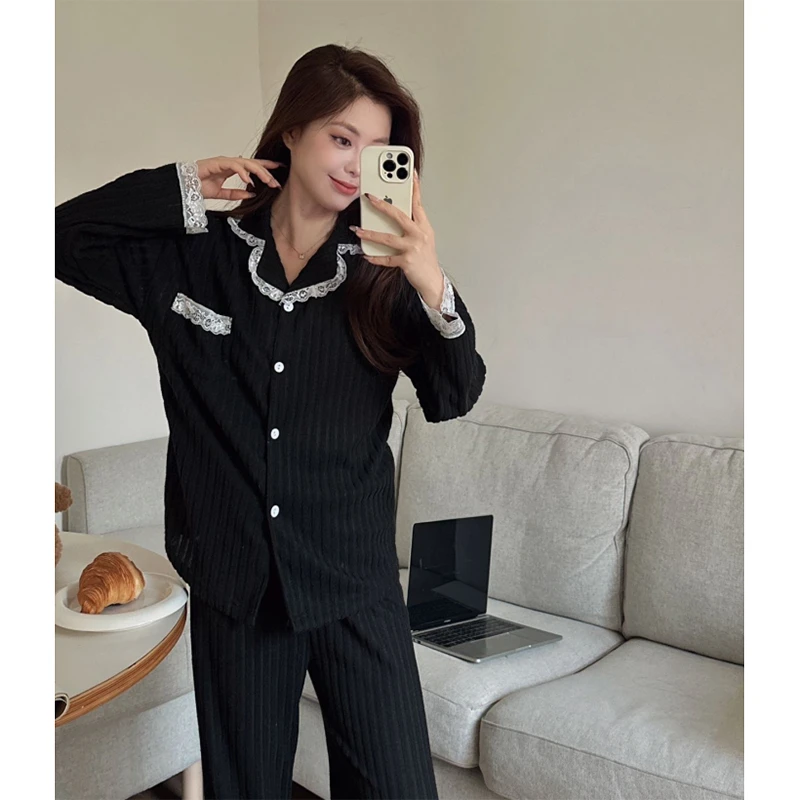 秋季上新磨毛坑条撞色高级感睡衣女款2025爆款亲肤舒适套装1649