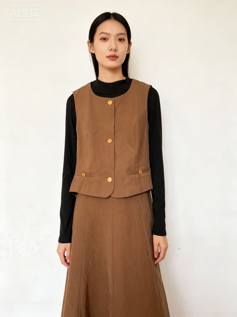 时尚大气感爆棚卡其色连衣裙马甲女士两件套套装显身材优雅轻奢风