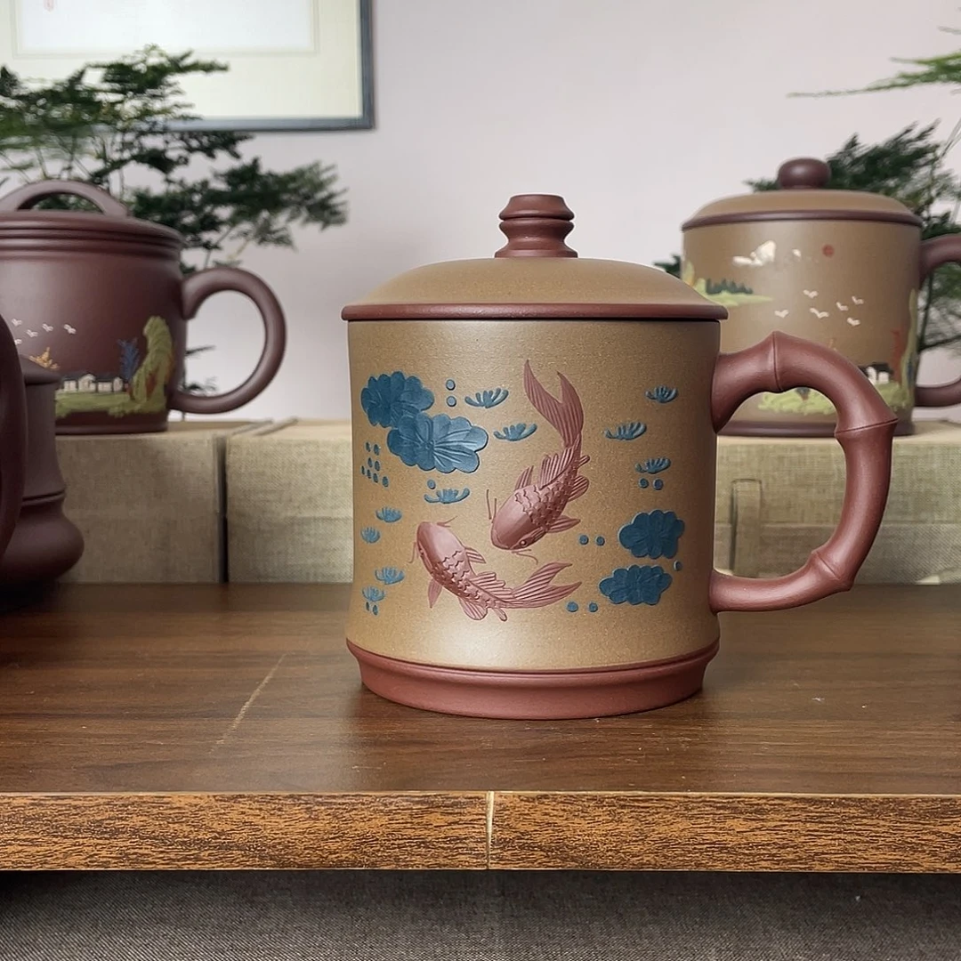 紫砂茶杯粉浆竹节杯莲莲有余500cc