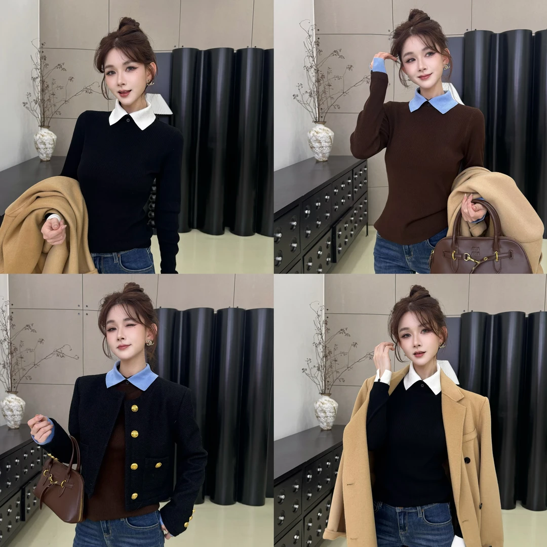 【榛果雾蓝】高级感时尚翻领修身针织衫显瘦长袖假两件秋冬