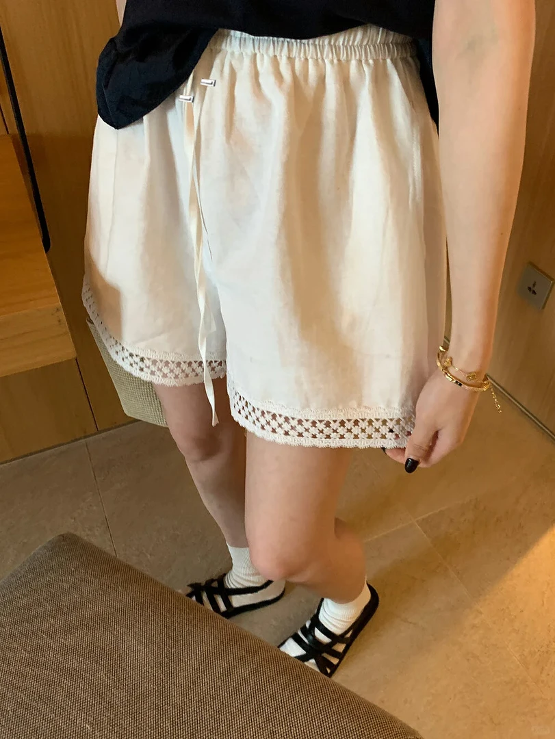 孕妇短裤夏季薄款2025新款花边抽绳阔腿外穿休闲五分裤时髦裤子女