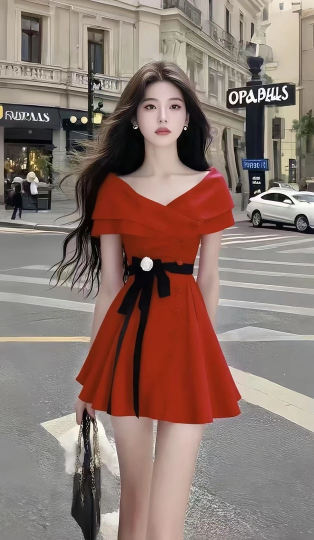 轻奢时尚高端大气温柔风红色低领短袖修身收腰设计感系带连衣裙女