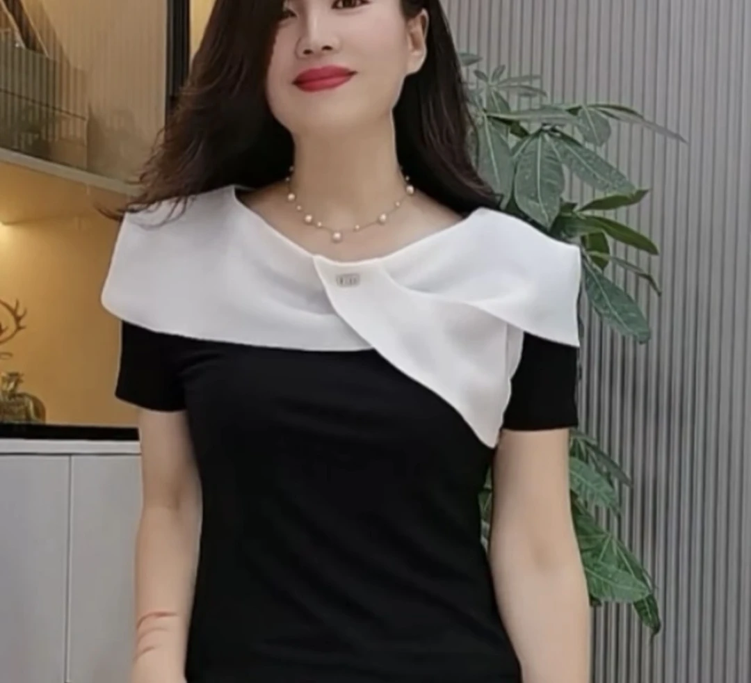 圆领常规款拼接短袖拼色常规T恤法式方领显瘦复古风