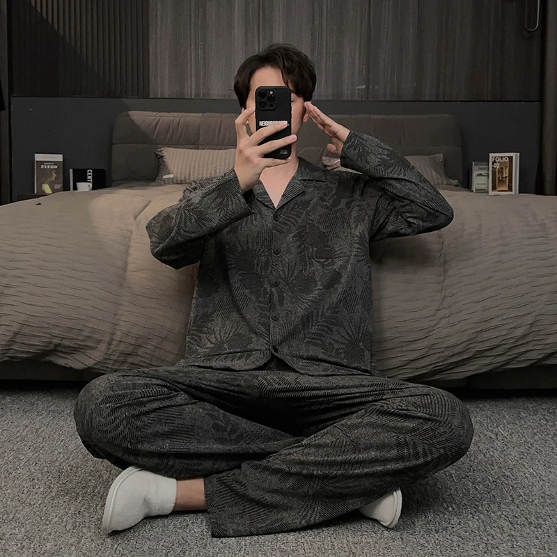 休闲睡衣男秋季长袖大码可外穿2025新款锁温棉家居服春秋冬款套装