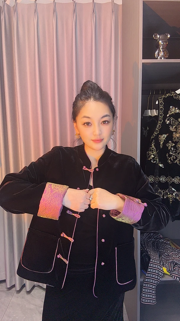 早秋新款拼接直襟提花常规款长袖立领上衣女装网红复古夹克