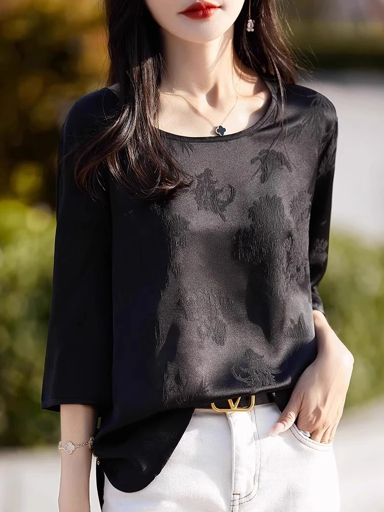 新中式复古国风短袖t恤女夏季七分袖高级感醋酸缎面提花衬衫上衣