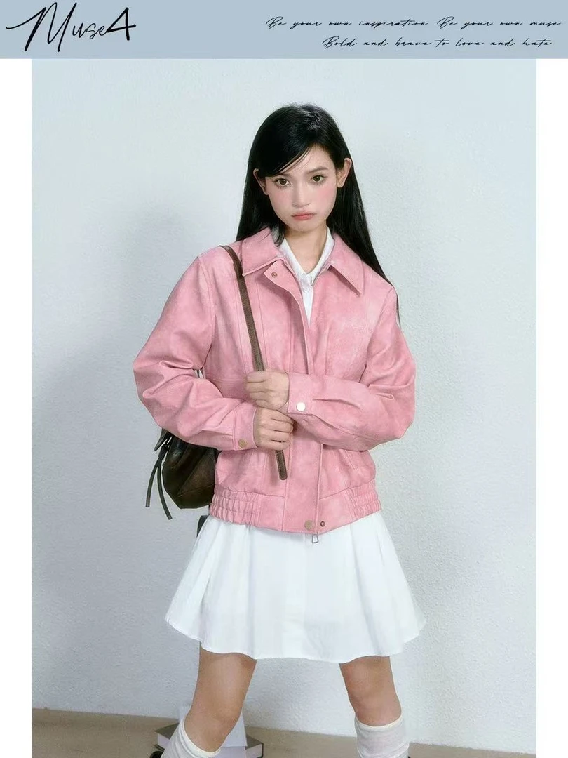 Muse4】小众设计复古做旧秋冬可拆卸毛领粉色皮衣NO退NO换