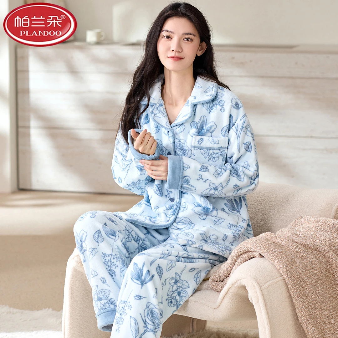 帕兰朵法兰绒女士睡衣珊瑚绒秋冬季长袖长裤翻领开衫柔软保暖居家